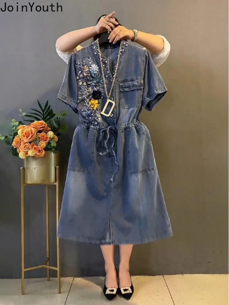 Vintage Denim Dresses for Women Heavy Beading Slim Waist Robe Femme 2024 Vestidos De Mujer Fashion Casual Summer Oversized Dress