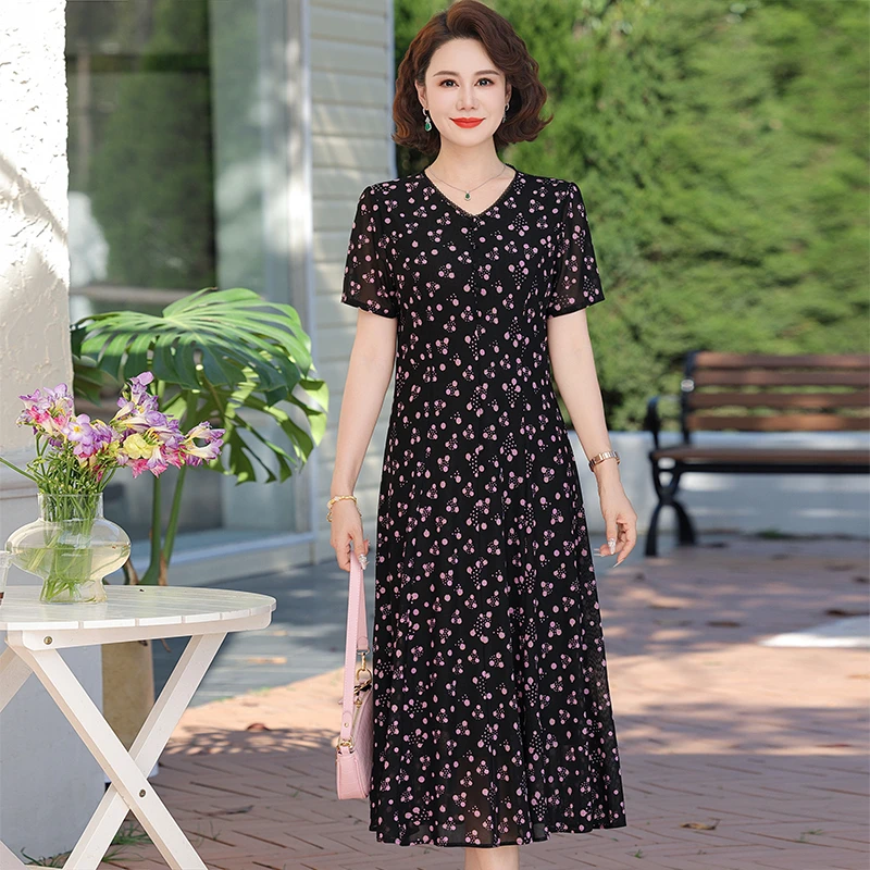 ผู้หญิงดอกไม้พิมพ์ชุดชีฟอง V คอ Elegant Office A-Line Fairy Dresses Chic ผู้หญิง Party Vestido