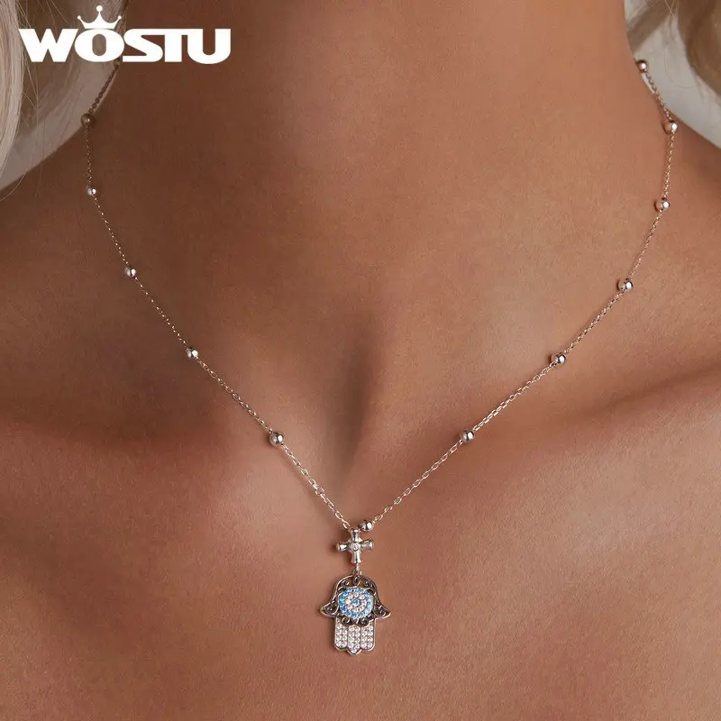 WOSTU 925 Sterling Silver Original Evil Eye Fatima Hamsa Pendant Necklace For Women Lucky Cross Necklaces Jewelry Family Gift