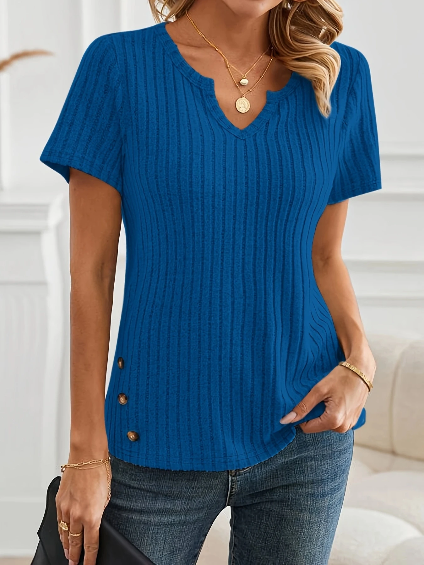 Casual Chic Ribbed T-Shirt with Button Detail -Versatile Notch Neck, Comfortable Knit Top for Women, Perfect for All Seasons