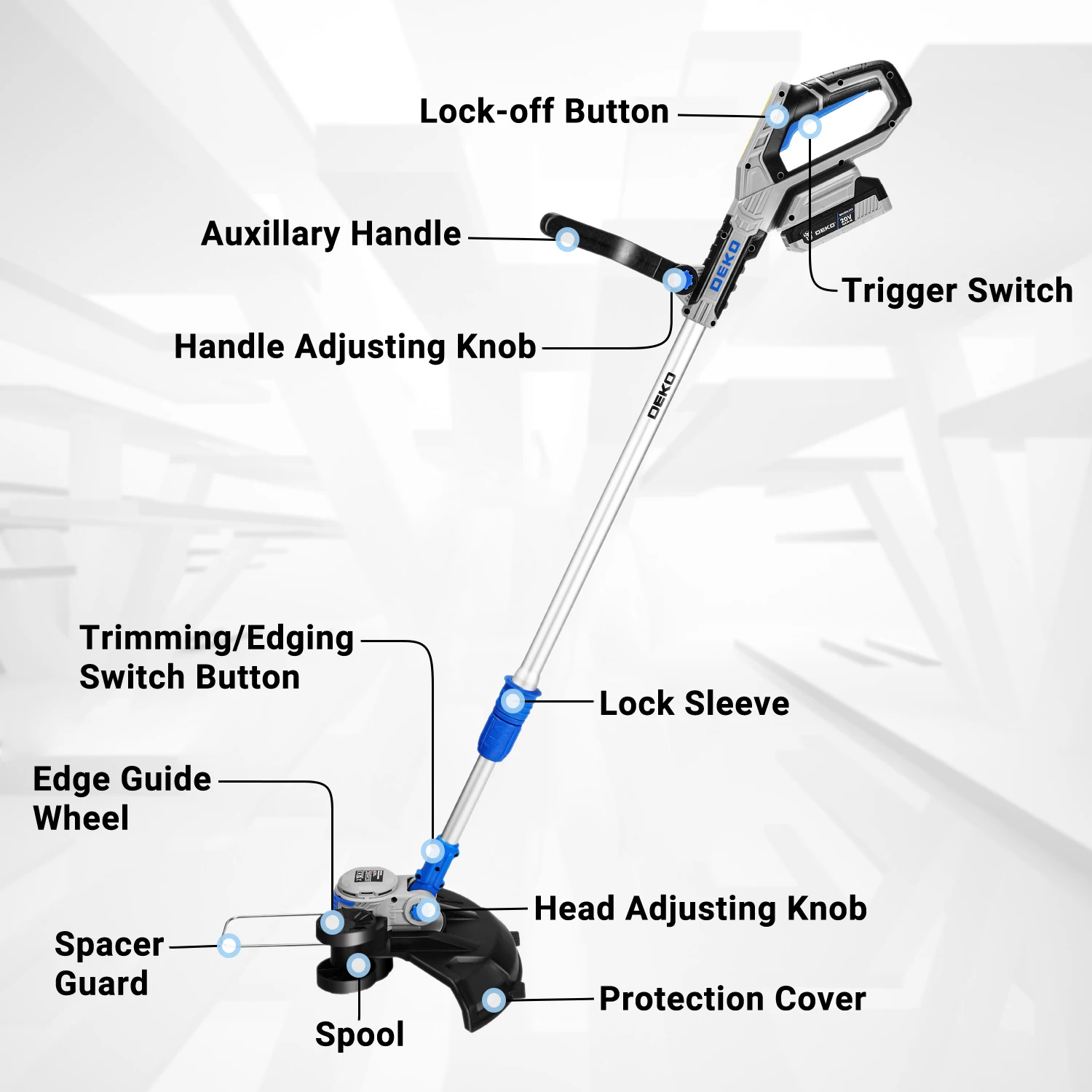 DEKOPRO 2 in 1 battery powered brushcutter 20V 30 cm brushcutter with 2 long-life batteries for lawns, gardens and meadows.