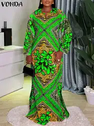 Plus Size VONDA Women Bohemian Maxi Dress Printed Long Sleeve Autumn Vestidos 2024 Fashion Loose Robe Casual V Neck Sundress