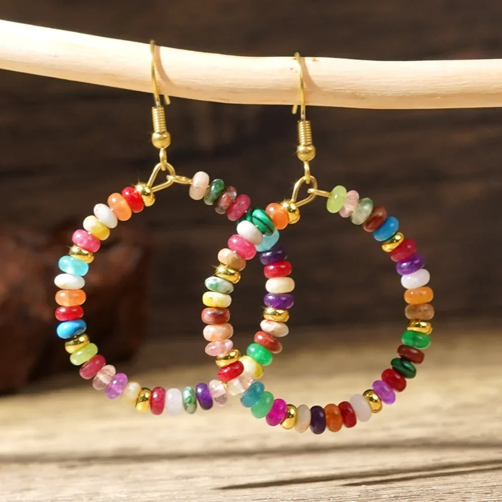 

2025 Handmade Bead Earring Circle Originality Natural Stone Hand Knitting Bohemia Beaded Earrings for Women