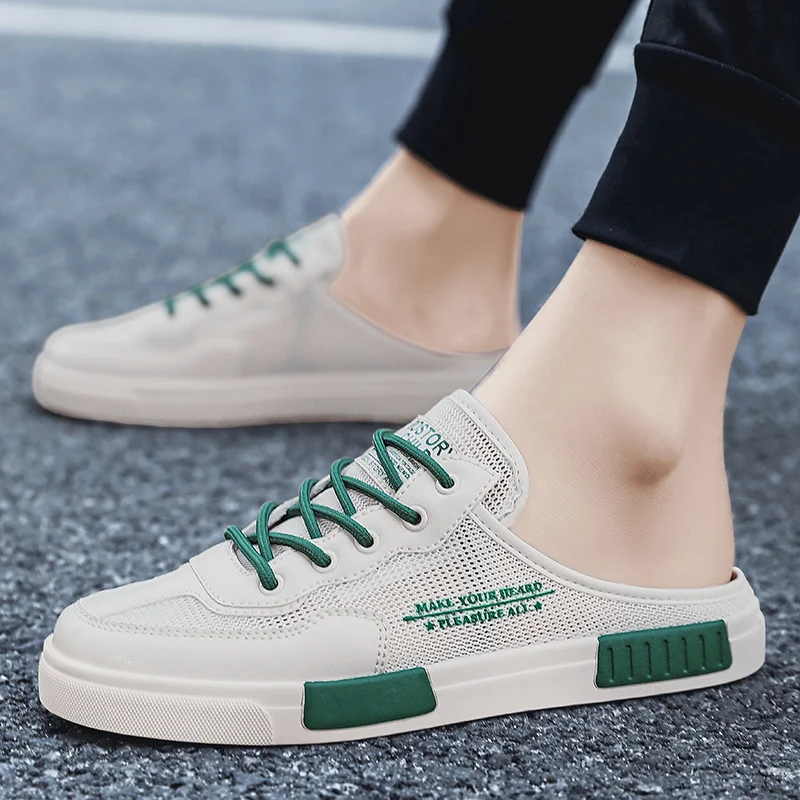 Summer Men Hollow Out Mesh Mule Slippers Backless Loafers Open-back Flat Sneakers Slide Sandals Breathable Slip On Shoes