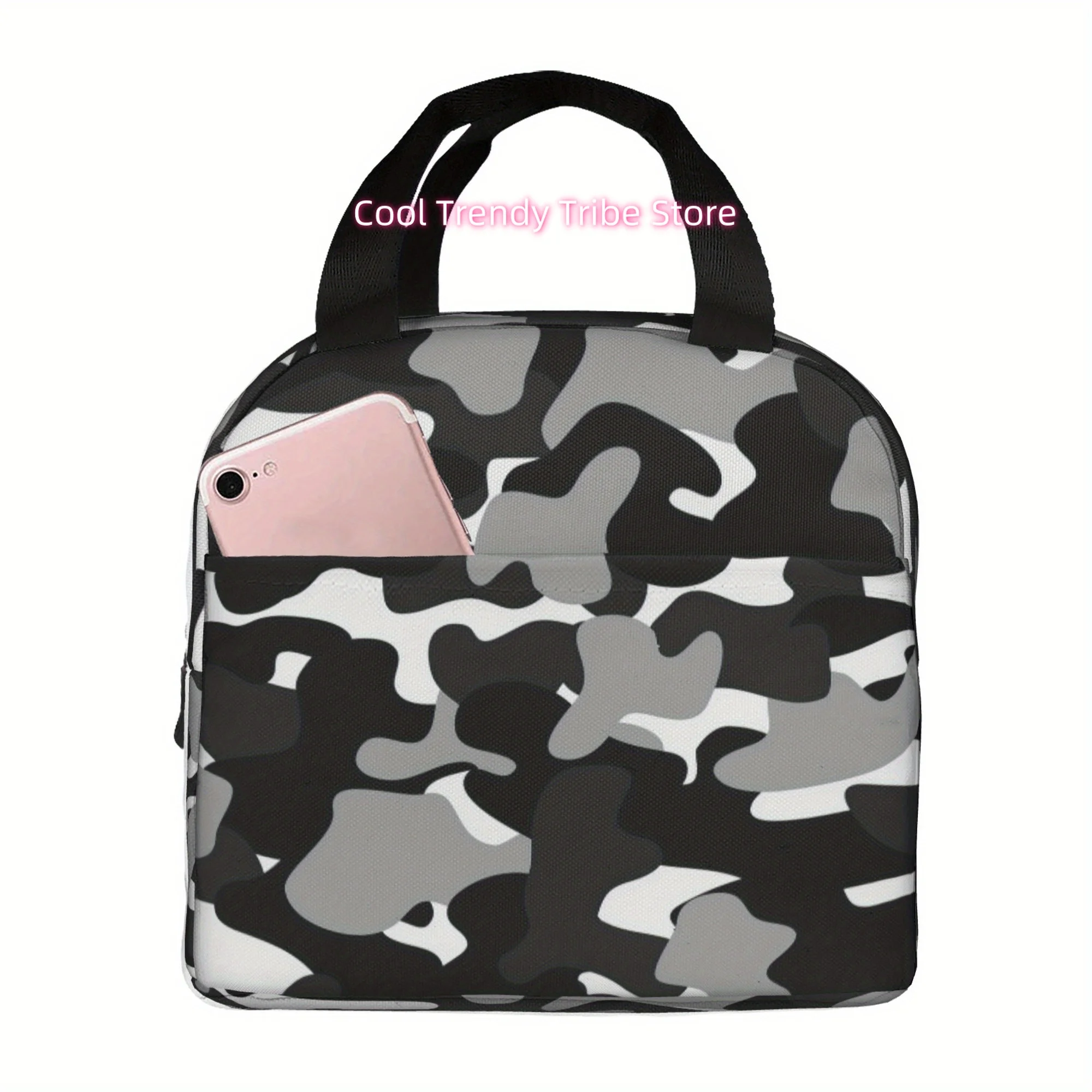 Camouflage Portable Insulated Cooler Bag - Reusable Lunch Tote for Camping, Picnics & Beach Outings, Black & Camouflage Pattern,