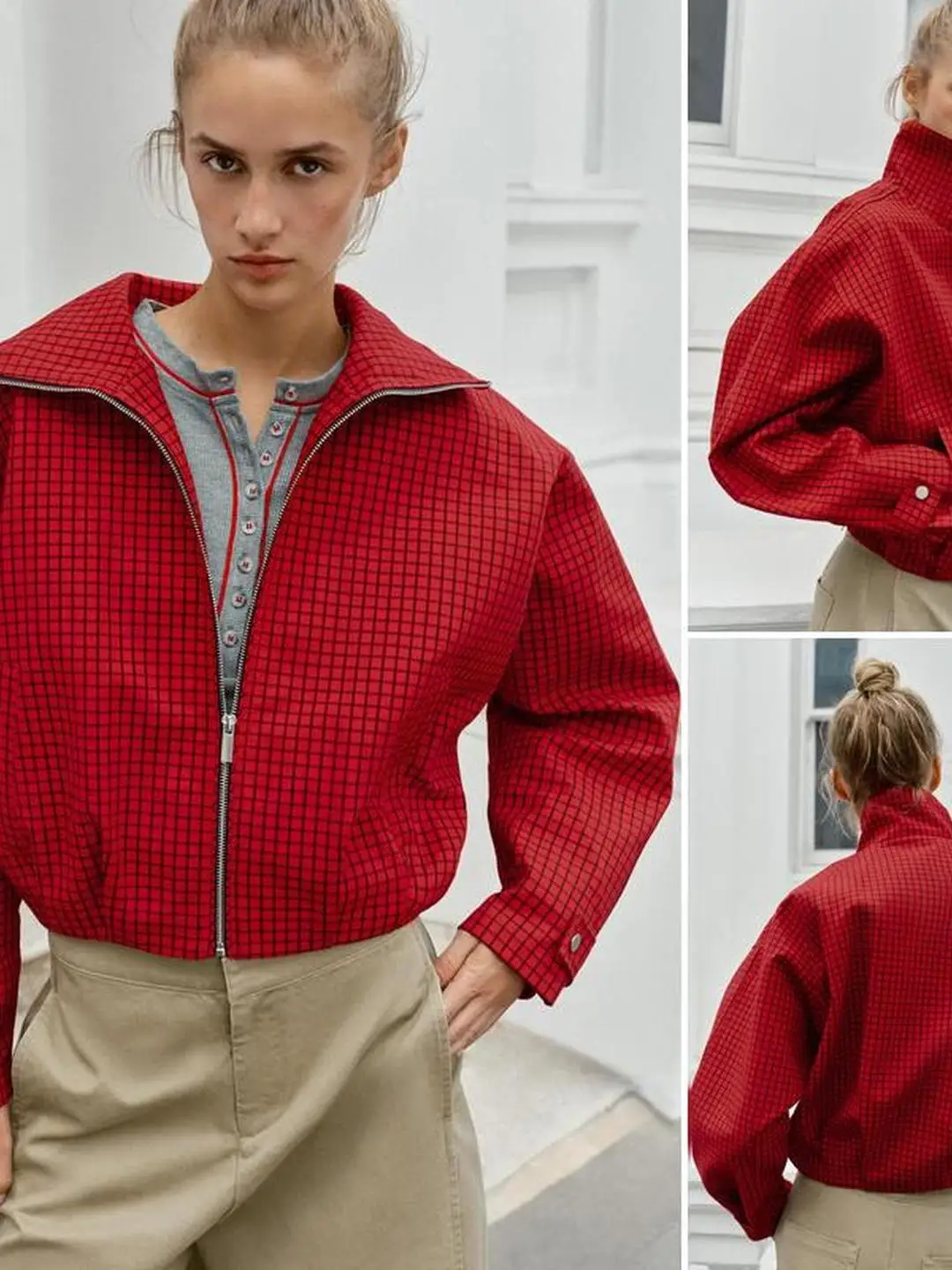 Casual Style Plaid Pilot Jacket Long Sleeve Stand Collar Loose Fit Women's Short Outerwear Polyester Fiber Zipper Closure