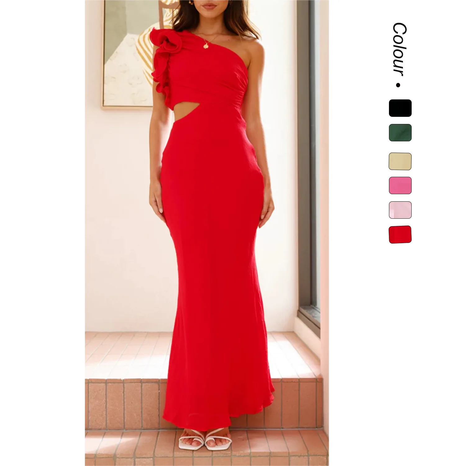 EINY Moda chique nova feminina elegante temperamento plissado sexy maxi vestido com mangas de ombro único ajuste fino cortar saia longa
