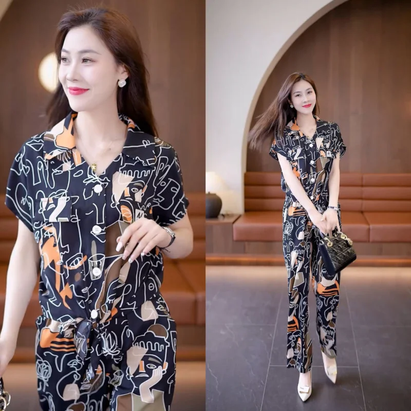 

Women's Casual Fashion Suit 2023 Summer New Trend Loose Thin Print Polo Collar Short Sleeve T-shirt Pants 2 Two Piece Set Female