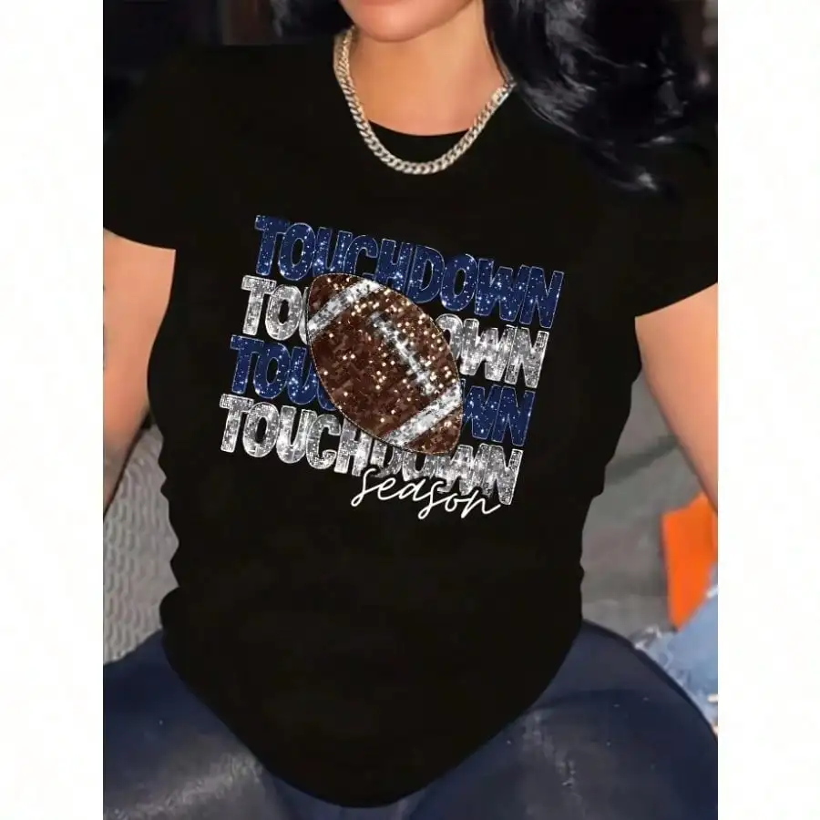 

Women's Plus Size Touchdown Season Graphic T-Shirt - Black Football & Letter Design, Short Sleeve, Polyester Blend, Casual Fit