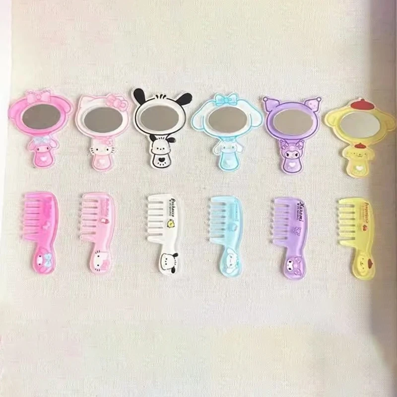 2PCS/Set Sanrio Hello Kitty Cinnamoroll Kuromi Mymelody Pochacco Mini Makeup Mirror Toys Girl Portable Small Comb Makeup Mirror