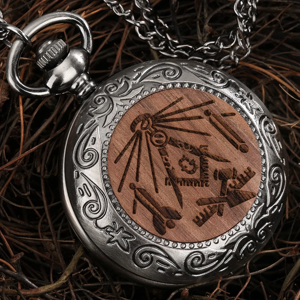 Men's Masonic Freemasonry Chrome Square and Compass Mason Retro Wood Pocket Watch Necklace Pendant FOB Chain Gifts for Freemason