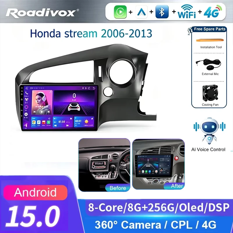 4G AI VOICE roadivox Android car radio for Honda stream 2006 2013 stereo GPS Navigation video Multimedia Player tape recorder