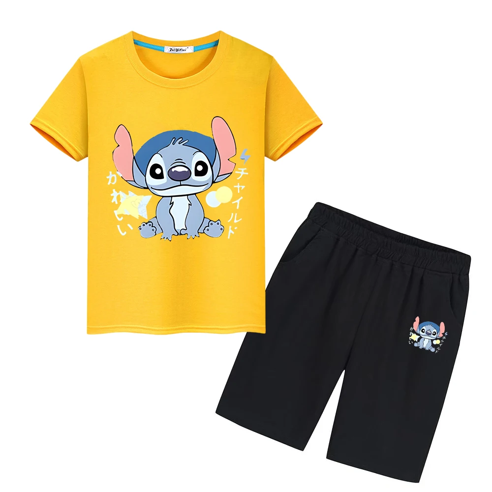 

Stitch Disney Print 100%Cotton T-shirt Summer Sports Sets Cute Tees Kawaii Tshirts Short+pant boy girls clothes kid holiday gift