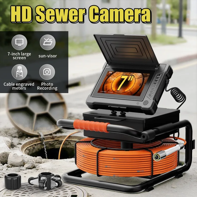 7inch Sewer Pipe Inspection Camera Self-Leveling DVR Video Recording Drain Sewer Pipeline Industrial Endoscope with Meter Marker
