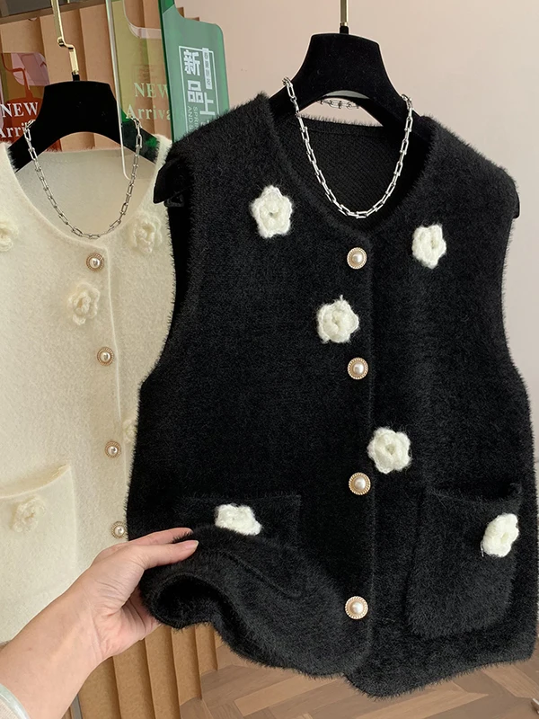 Colete de malha oversized feminino casual sle v-ne scela gola de pele sintética bule corte-etiqueta colion cor flor 3d