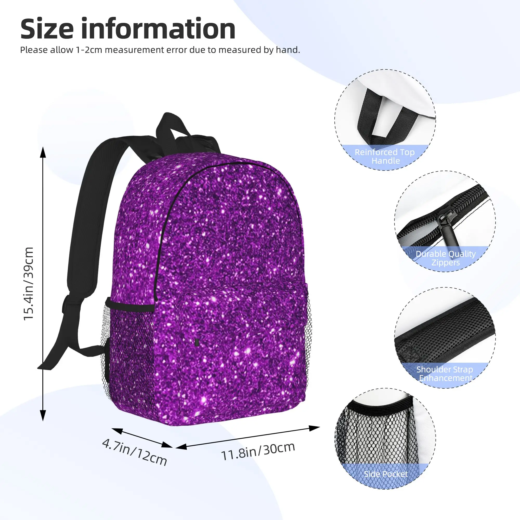 Purple Sparkly Glitter Printing Backpack Hot Sale Daypack Large Capacity Boy Girl BookBag Shoulder Bags for Men Women School Bag