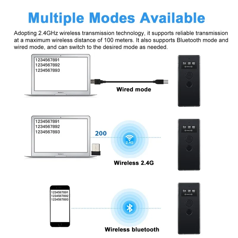 Tragbarer Handscanner 1D/2D-Code Handheld-Barcode-Scanner USB 2.4G-Verbindung Bluetooth Mini Wireless Portable Scanner
