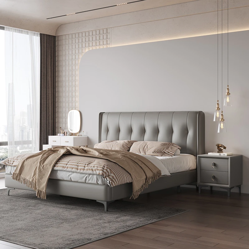 

Modern Light Luxury Bed European Double Wood High End Gray Bed High Quality Confortable Headboard Cama Casal Bedroom Furniture