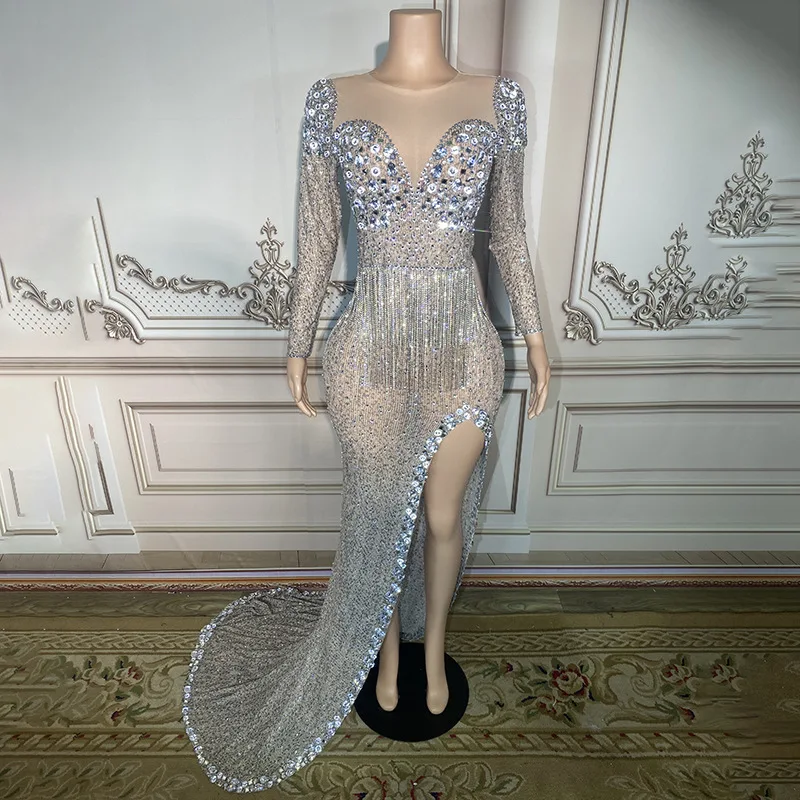 

Silver High Split Fork Long Sleeve Flash Diamond Embellishment Chest Small Tassel Mopping Floor Long Dress Noble Elegant Dress