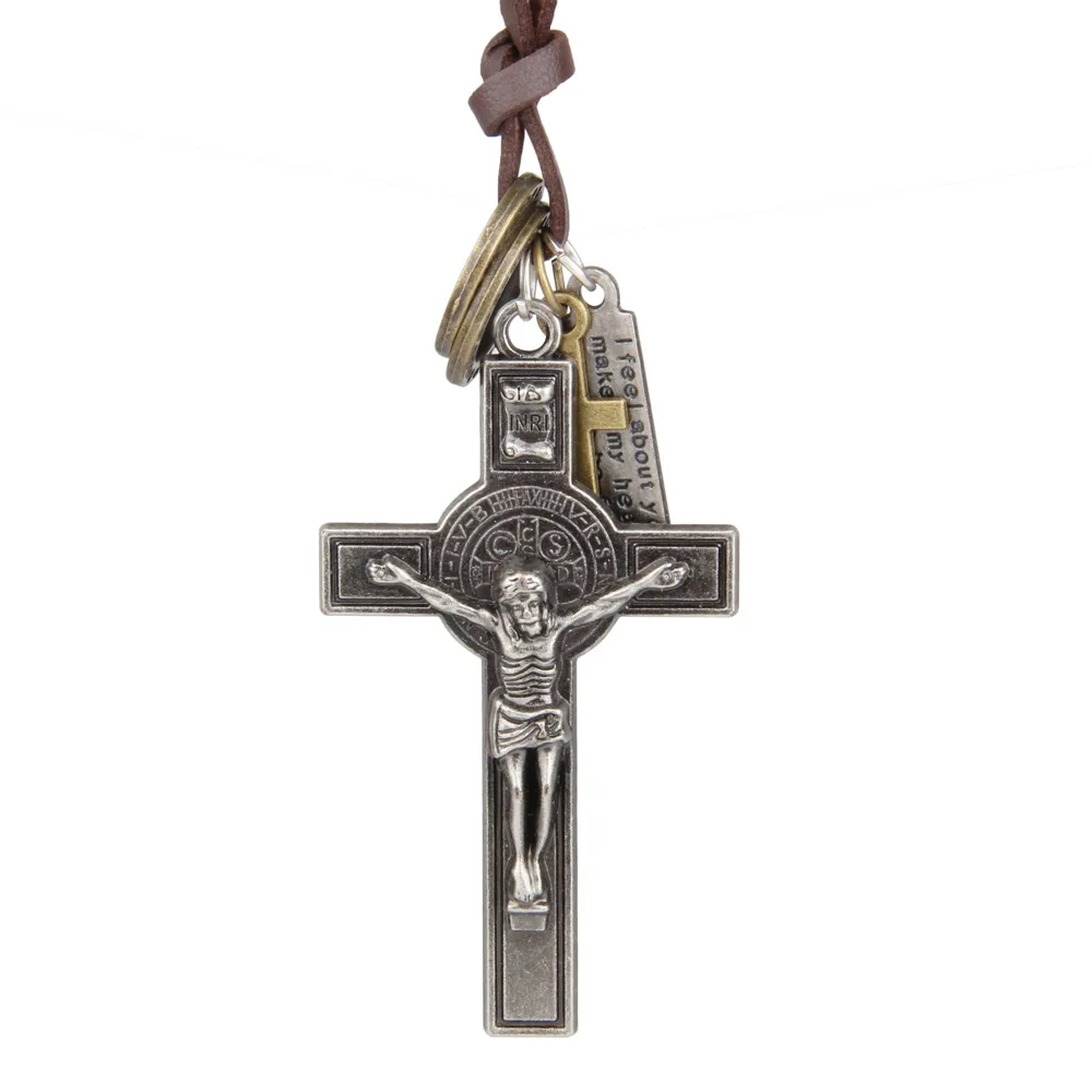 Car Ornament Cross Pendant Retro Jesus Christ Leather Rope Decoration Gift Car Interior Rearview Mirror Trim Hanging Accessories