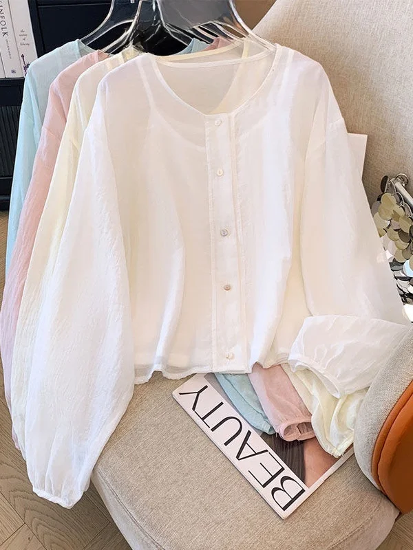 Sweet Pure Color Long Sleeve round Neck Loose Fit Design Sensation Summer New Single Button up Sun Protection Shirt
