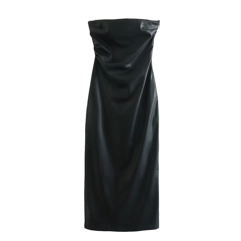 YENKYE Sexy Women Faux Leather Strapless Dress Side Zipper Ruched Party Midi Dresses Black Vestidos