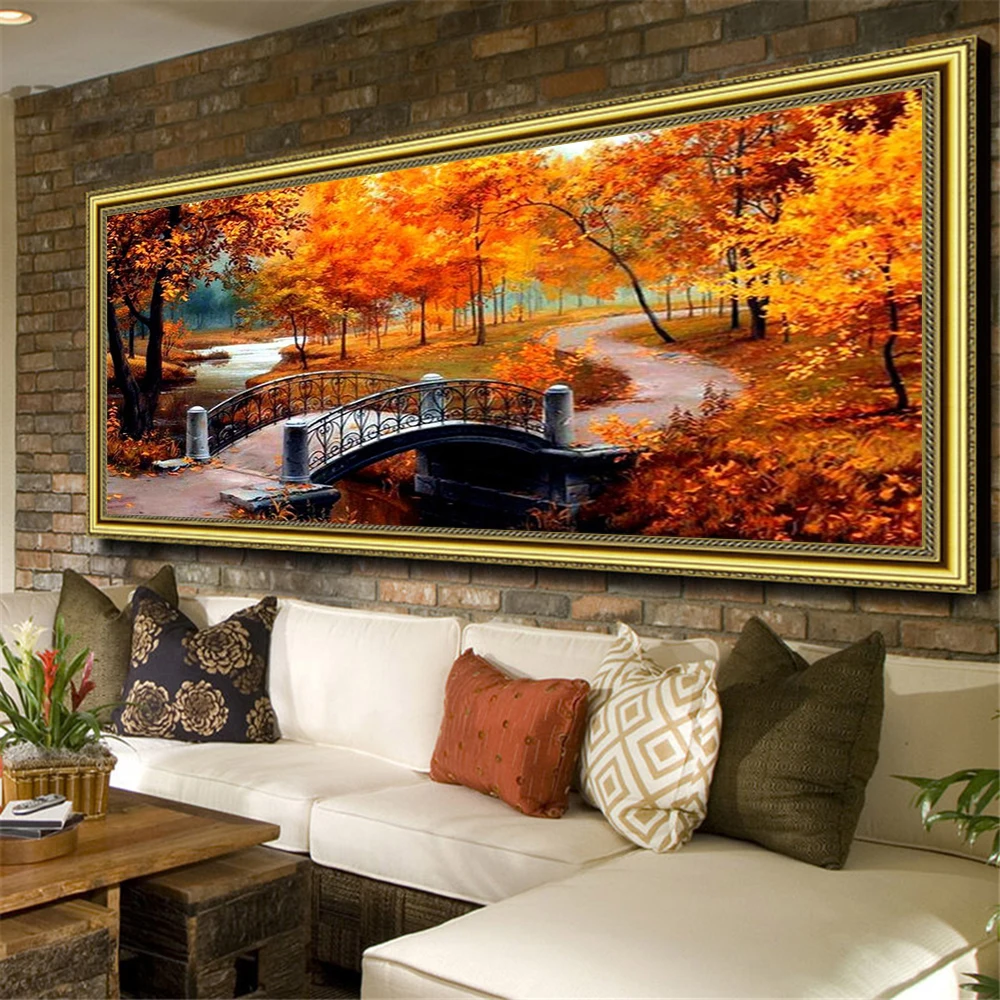 DIY 5D Diamond Painting, Maple Trees, Bridge Scenery, Cross Stitch, Autumn Landscape, Wall Embroidery, Home Decor, Modern Art