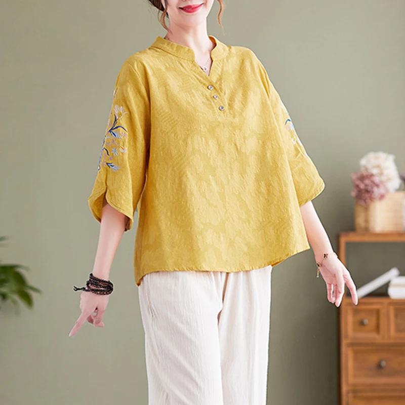 Women Embroidery Vintage Ethnic Style Cotton Linen Blouses 2023 Summer Loose V Neck 3/4 Sleeve Shirt Simple Casual Pullover Tops