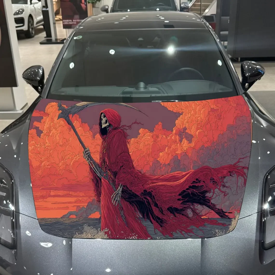 Fiery Red Reaper Car Hood Sticker PVC Self Waterproof Stick, Striking Auto Exterior Accessories Decor Protect Gift for Car Lover
