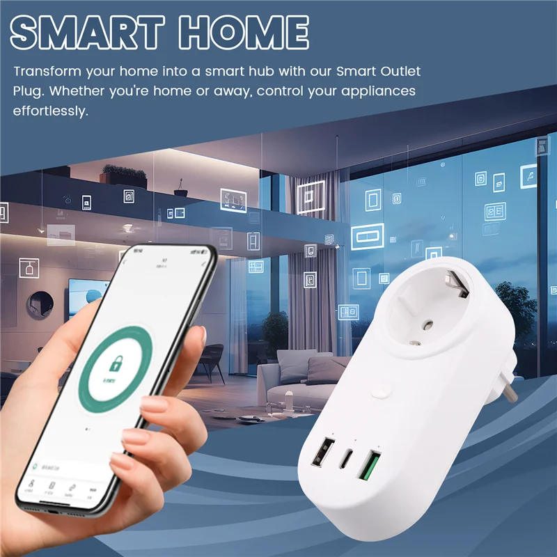 

M07K-Smart Outlet Wifi Plug 16A 2-Hole USB+Type-C Outlets 65W Remote Control Compatible Alexa EU Plug