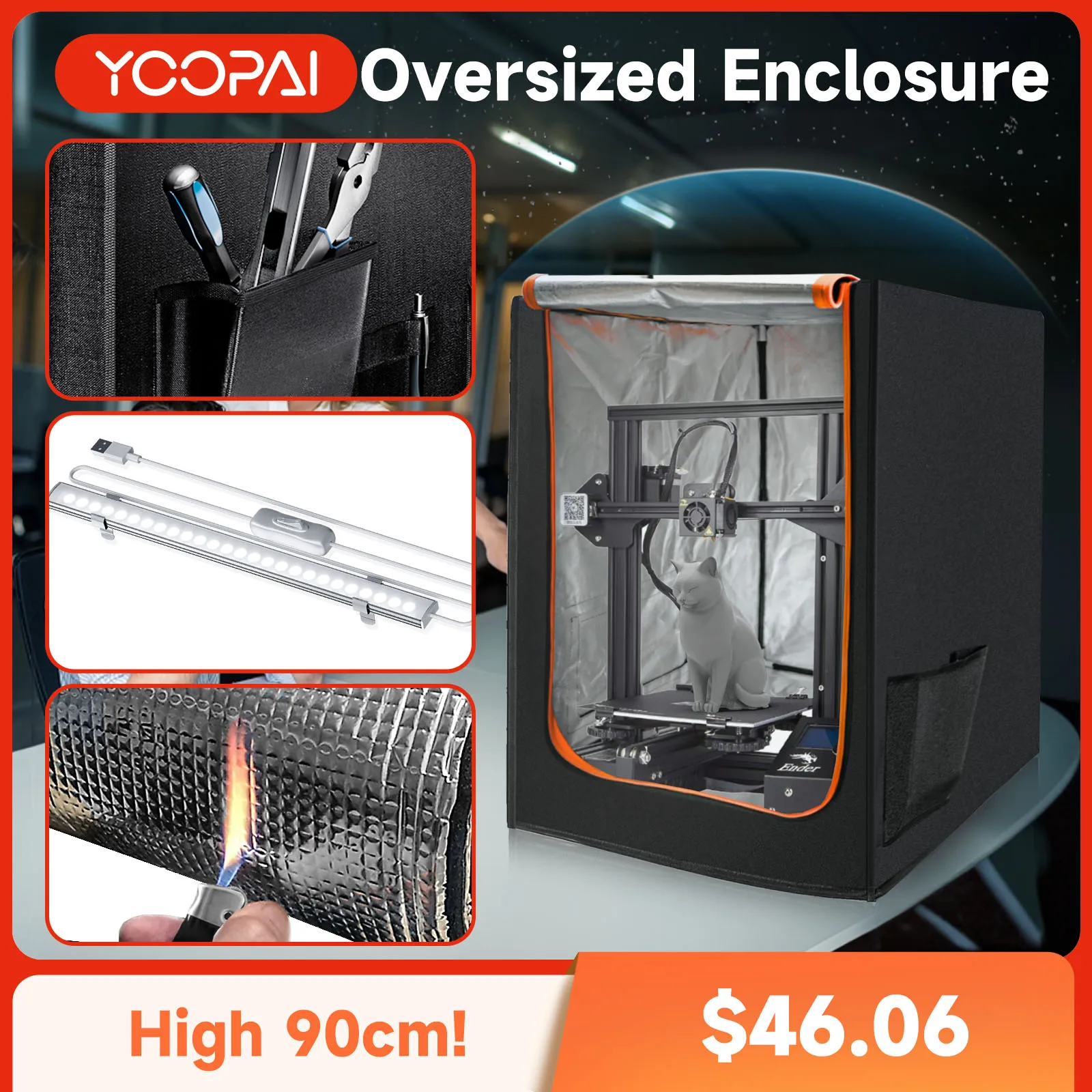 حاوية طابعة YOOPAI ثلاثية الأبعاد مع ضوء LED منزل طابعة ثلاثية الأبعاد لسلسلة Creality K1c غلاف أندر مقاوم للحريق والغبار LargeK