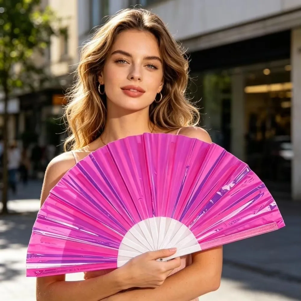 Portable Holographic Effect Folding Fan Iridescent Finish Large Size Handheld Fan Party Decoration Stage Props Party Fan Summer