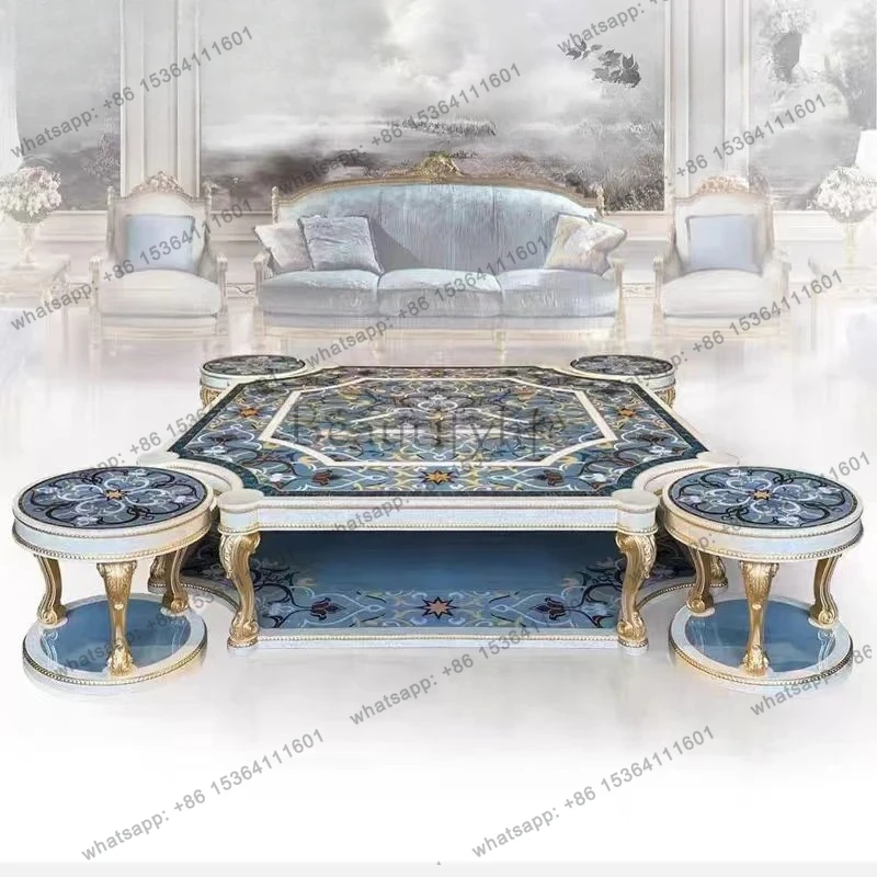 European luxury solid wood carving flower art parquet coffee table palace French shell tea table living room tea table