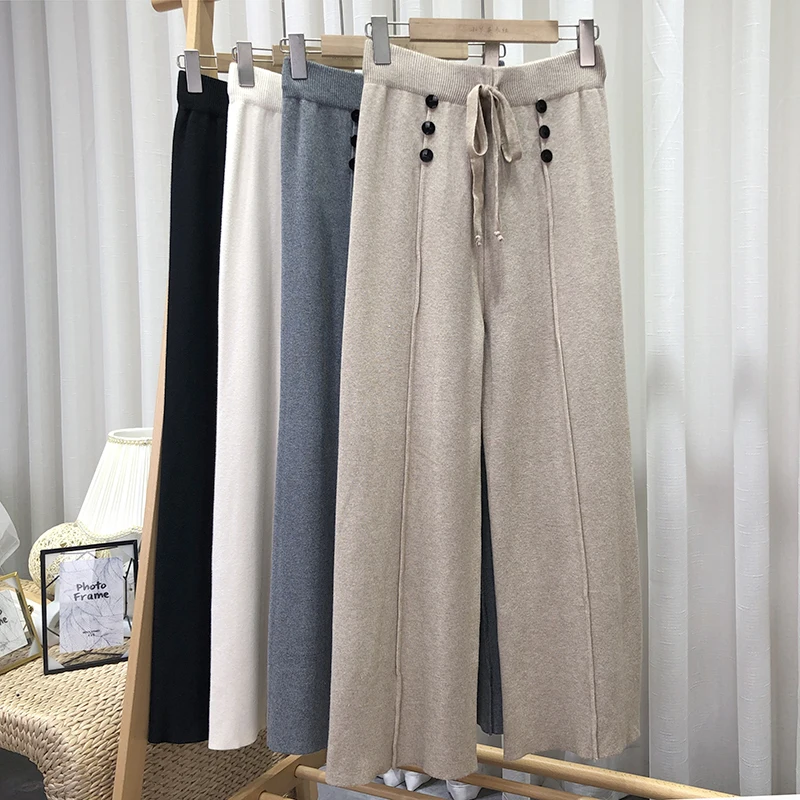 Casual Drawstring Lace-up Women Knitted Trousers 2022 Autumn Winter High Waist Loose Female Wide Leg Sweater Pants