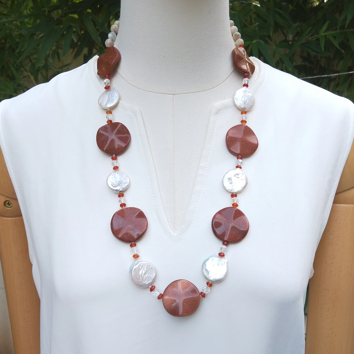 Lii Ji Real Stone Necklace Brown Color Sandstone Freshwater Pearl Crystal 73cm Stock Sale Women Jewelry Gift