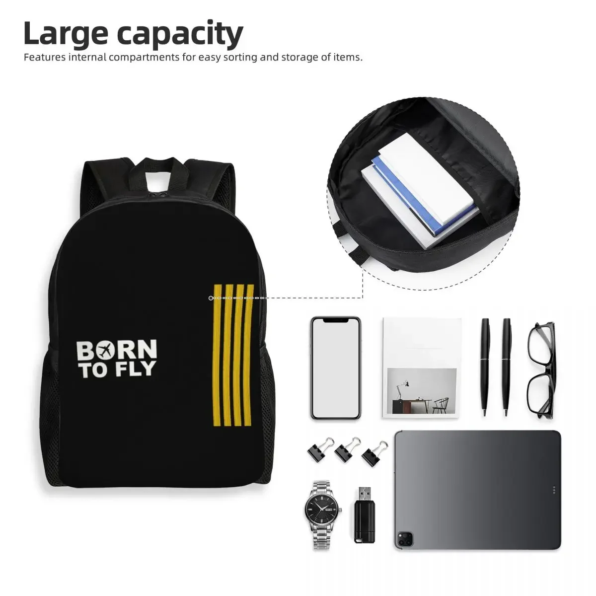 Customized Born To Fly Captain Stripes Backpack Women Men Fashion Bookbag for School College Pilot Air Fighter Bags