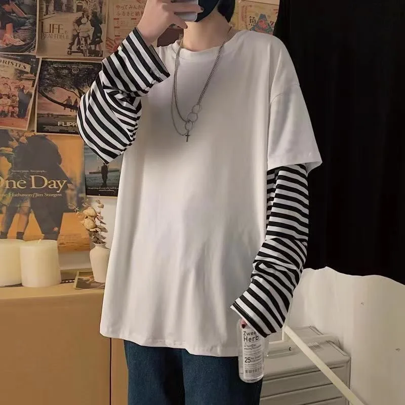 New Harajuku Black White Striped Y2K Long Sleeve Solid Color T-shirts Men Women Fall Fake Two Piece Long Sleeve Loose T-shirt
