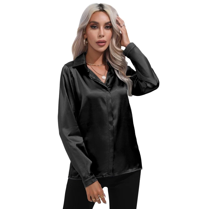 Women\'s Shirts Satin Shirts Simulated Silk Shirts Long Sleeve work Casual Blouses