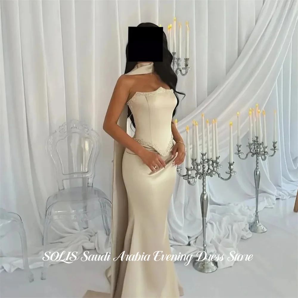 

SOLIS Champagne Prom Dresses Strapless Evening Dresses Mermaid Party Dress Draped Neck Scarf Robe De Soirée Modest Customized