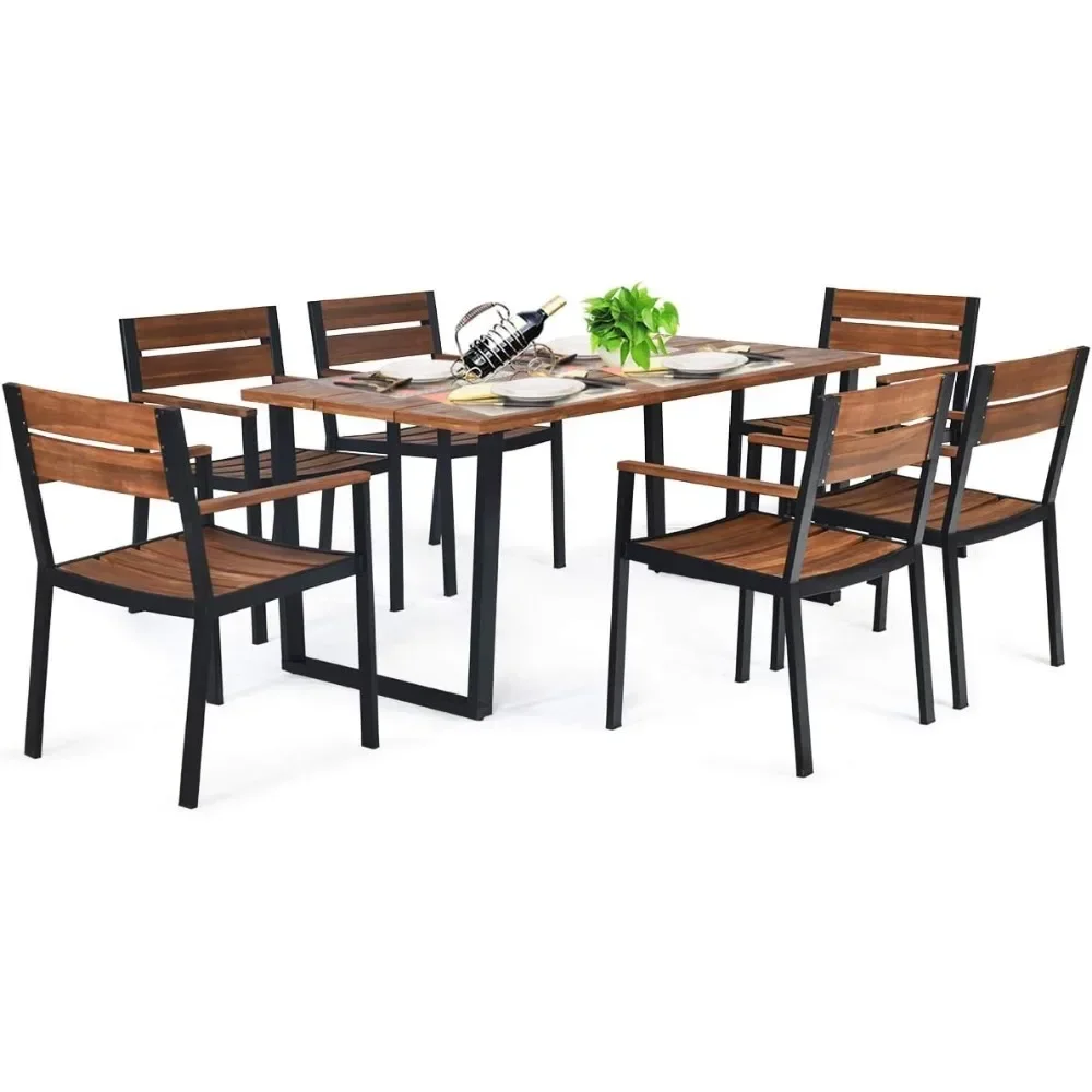 7 Pieces Patented Wood Patio Dining Set with Umbrella Hole, 6 Heavy Duty Acacia Armrest Chairs and Rectangle Table Set