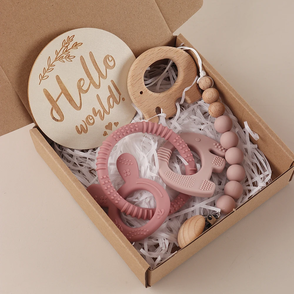 2025 New 4pcs Baby Elephant and Bunny Teether Gift Set - Baby Silicone Pacifier Chain, Wooden Milestone