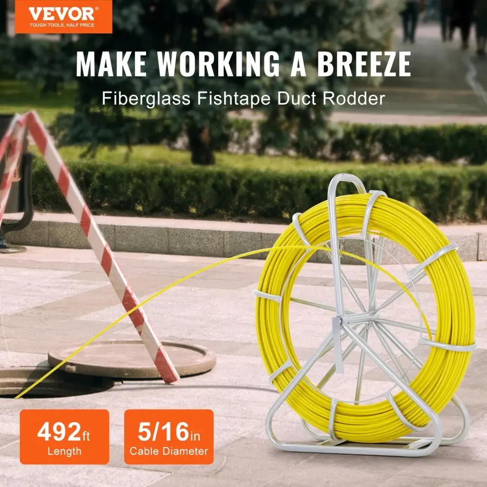 VEVOR Fish Tape Fiberglass  Duct Rodder Fishtape Wire Puller Cable Running Rod with  Reel Stand Pulling Heads  Fishing Tools