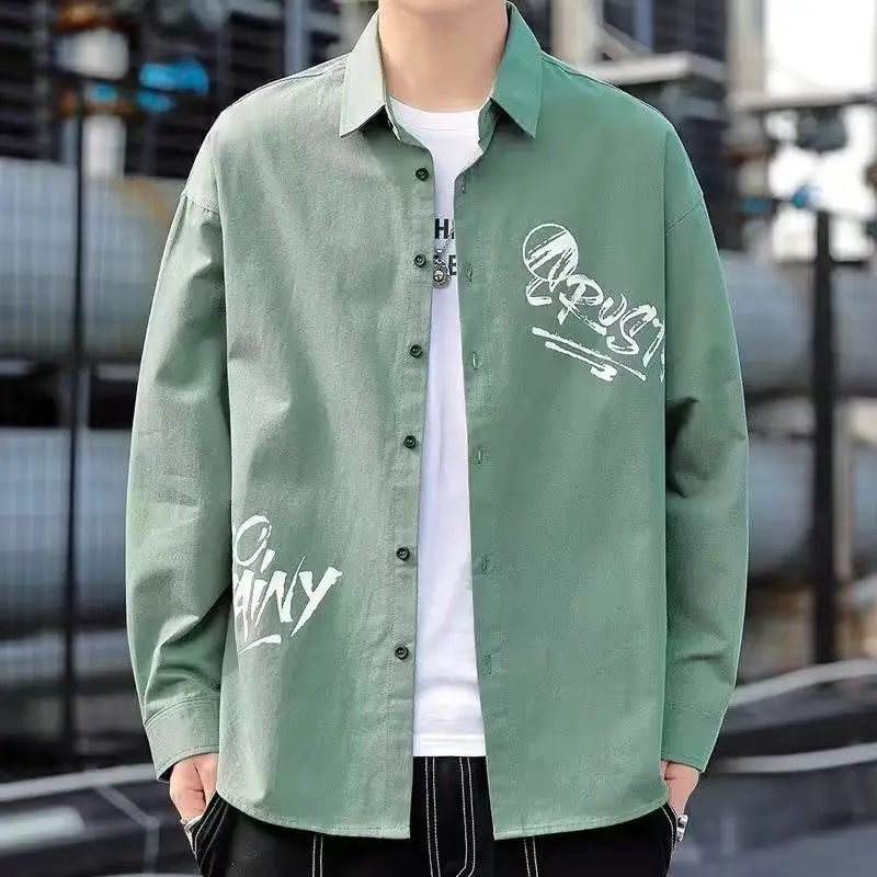 

Fashion Lapel Button Loose Casual Printed Letter Shirts Men Clothing 2024 Autumn New Oversized Young Style Tops All-match Shirts