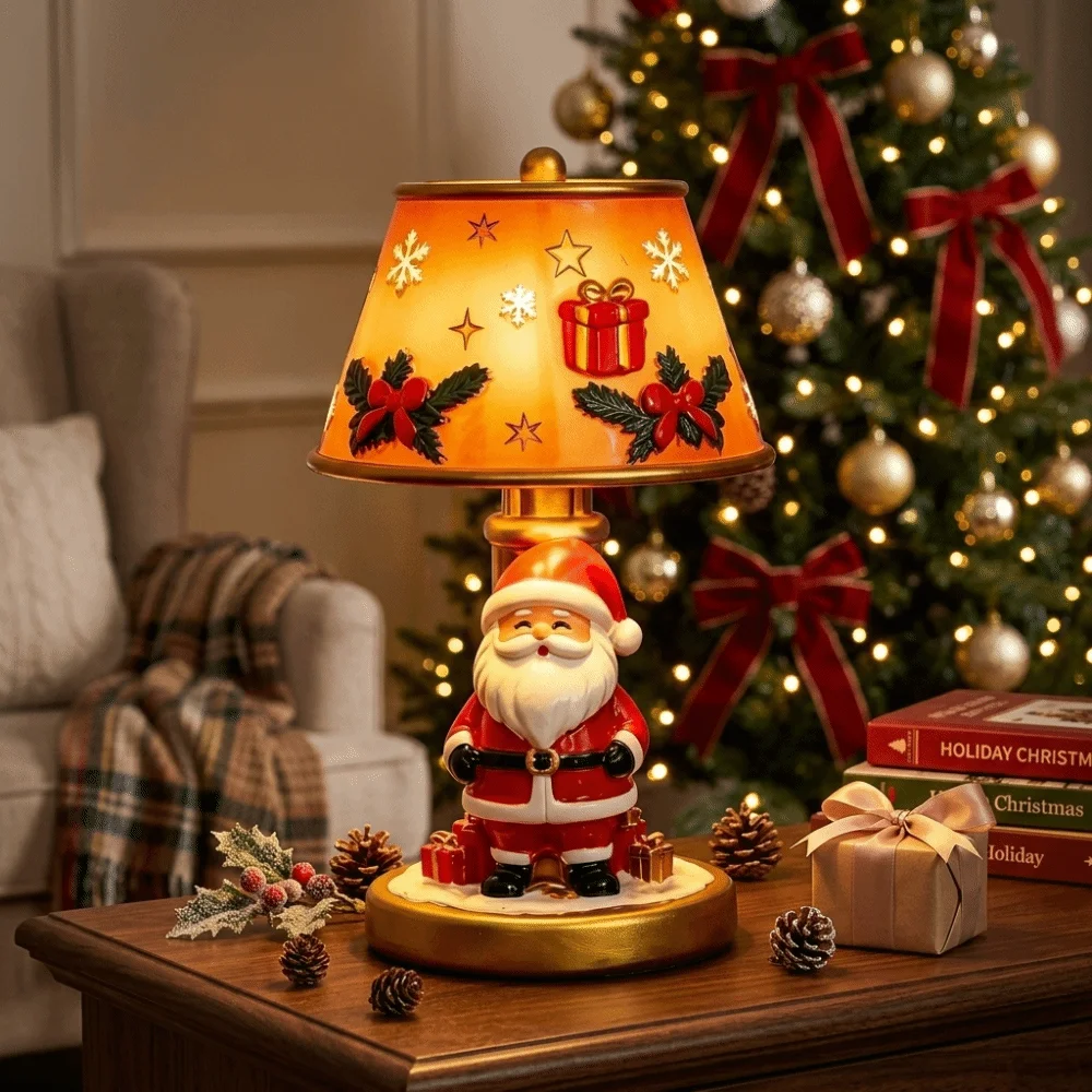 Premium Resin Christmas Resin Craft Light Hand-Painted Details Warm Soft LED Santa Reindeer Table Lamp Warm Light