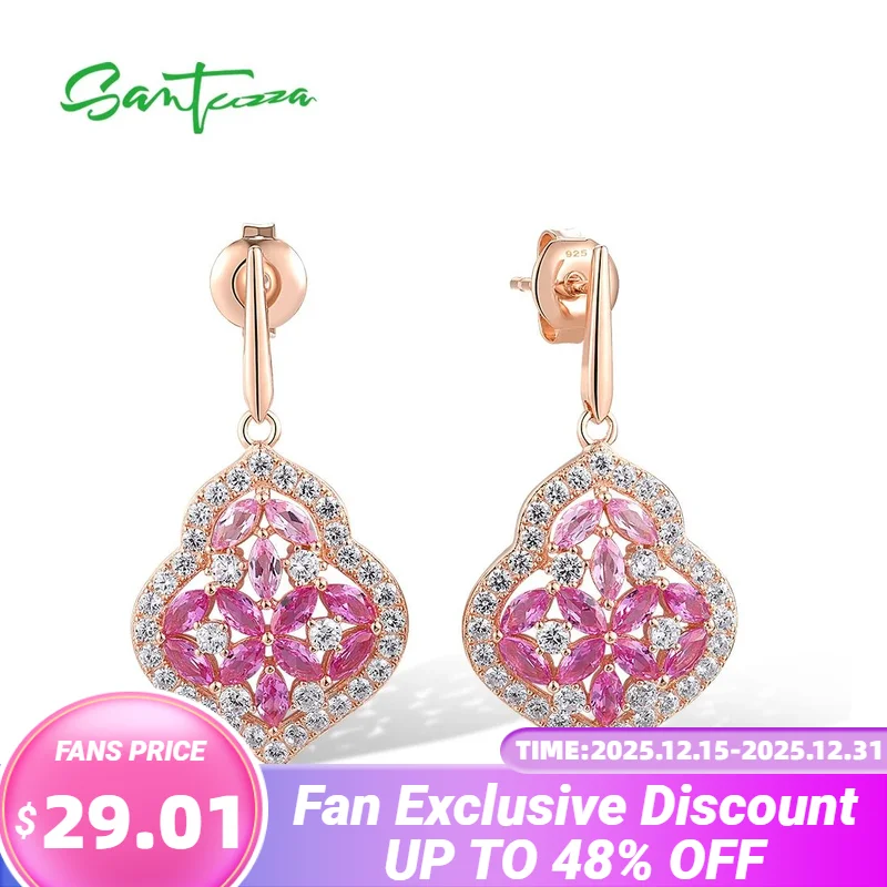 

SANTUZZA Pure 925 Sterling Silver Drop Earrings For Women Sparkling White CZ Created Pink Sapphire Sweet Romantic Fine Jewelry