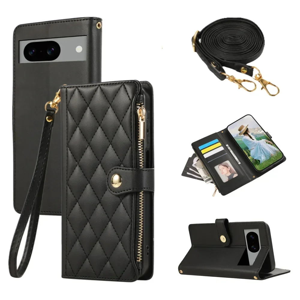 

Crossbody Zipper Wallet with Card Holder Phone Case for Google Pixel 6 7 8 9 Pro 6A 7A 8A Wrist Strap Leather Preserve Cover