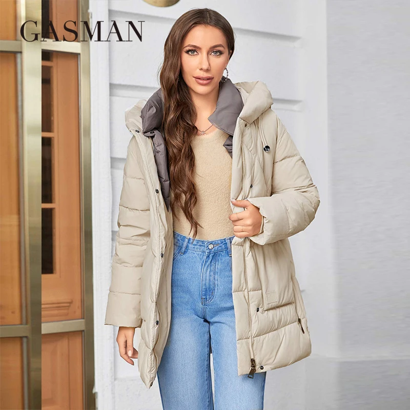 GASMAN-Parkas ajustadas de longitud media para mujer, chaquetas cálidas con capucha, abrigos de invierno, 2023