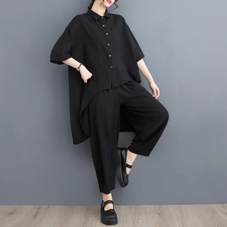 #2721 Spring Summer Black Asymmetrical Long Shirt And Harem Pants Women Loose 2 Piece Outfits For Women Korean Style Pants Set