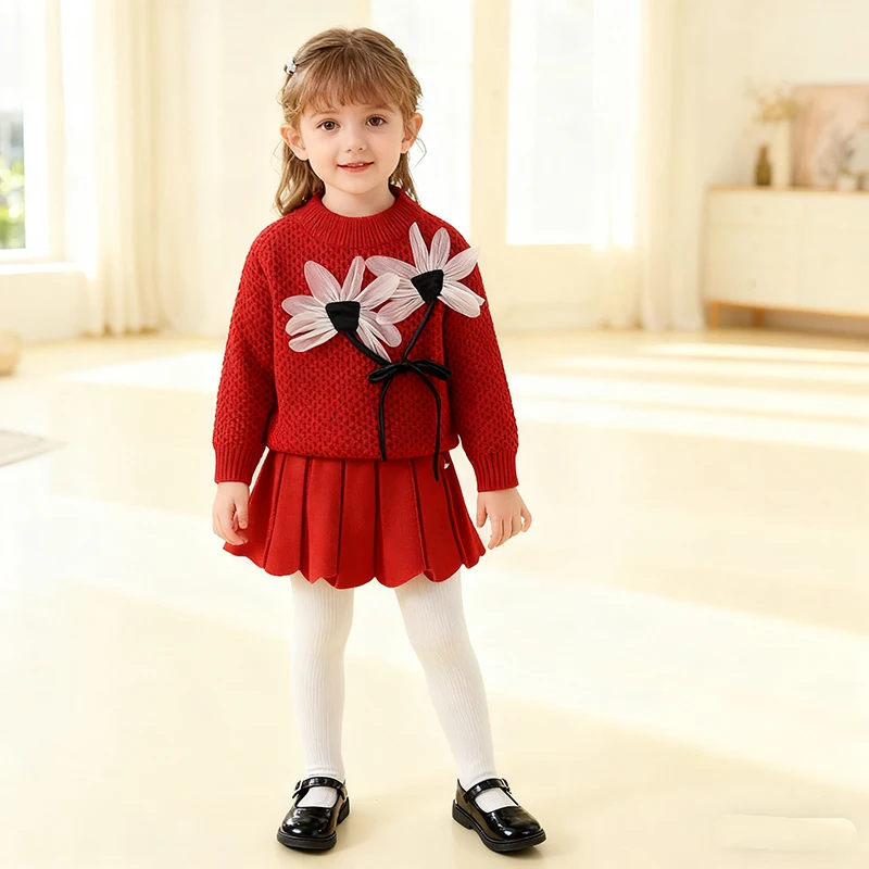 2026 New Spring 2-6Yrs Kids Clothes Set Baby Girl Knitted Clothes Suit Long Sleeved Knitted Pullover Sweater+Short Skirt