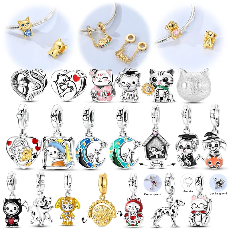 Original 925 Sterling Silver Charms Beads Dancing Trick Cat Dog Series Dangle Fit Bracelet Pendant DIY Jewelry Gift For Women ﻿